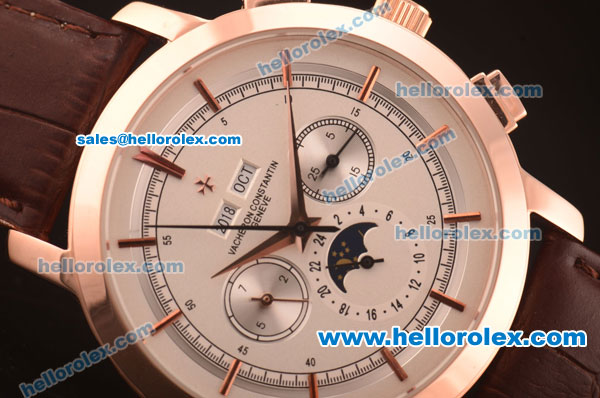 Vacheron Constantin Automatic Rose Gold Case with White Dial and Brown Leather Strap - Click Image to Close